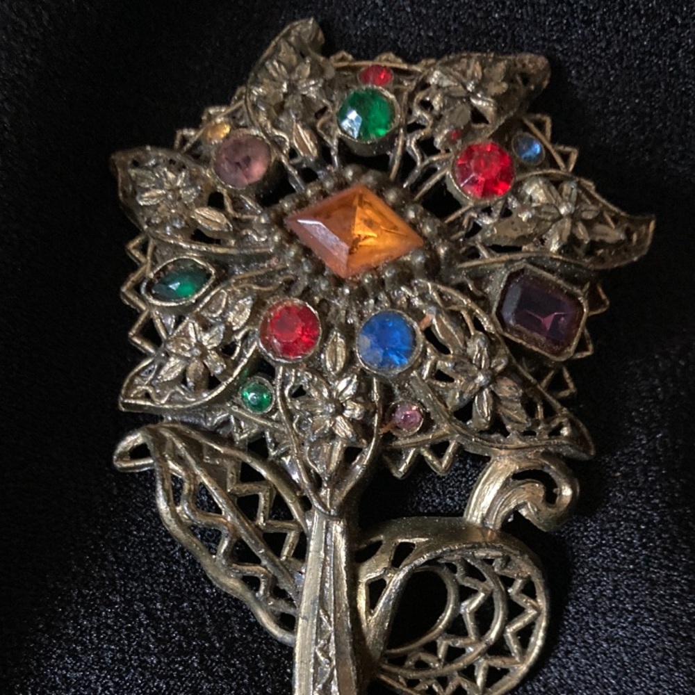 Lovely large vintage Czech enamel rhinestone flower brooch 3 1/4 “